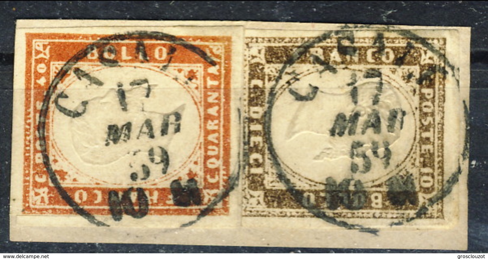 Sardegna, IV Em 1859 Frammento SA N. 16 Bb C. 40 Rosso Carminato E N. 14 Af Bruno Cioc. Scuro Cat. € 1925 Firma Biondi - Sardegna