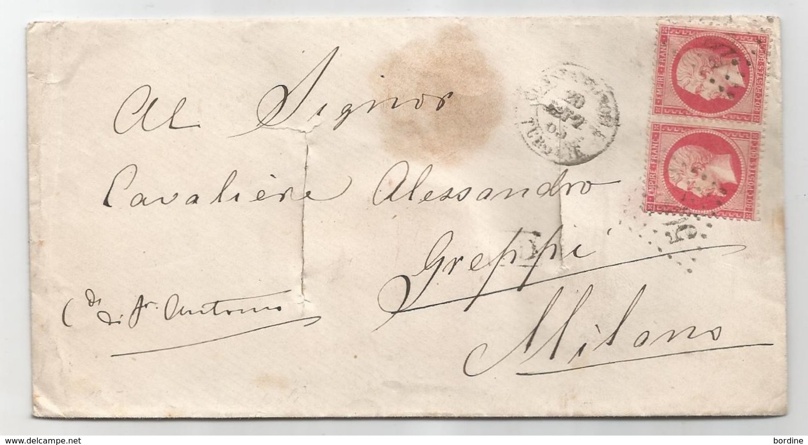 - Lettre - BFE TURQUIE - CONSTANTINOPLE. GC.5083 S/Paire TP Napoléon III N°24 + Càd T.15 + Désinfectée - 1865 - 1862 Napoléon III