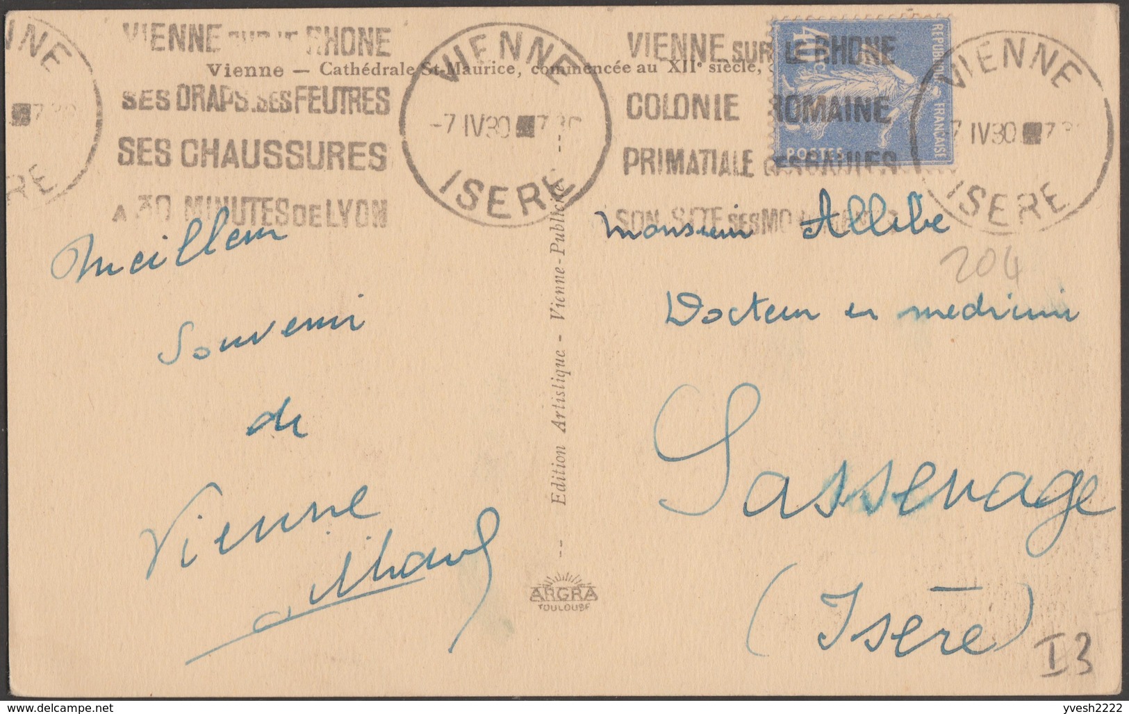 France 1930 Y&T 204, 40 C Semeuse. Vienne, Colonie Romaine, Ses Draps, Ses Feutres, Ses Chaussures - Textile
