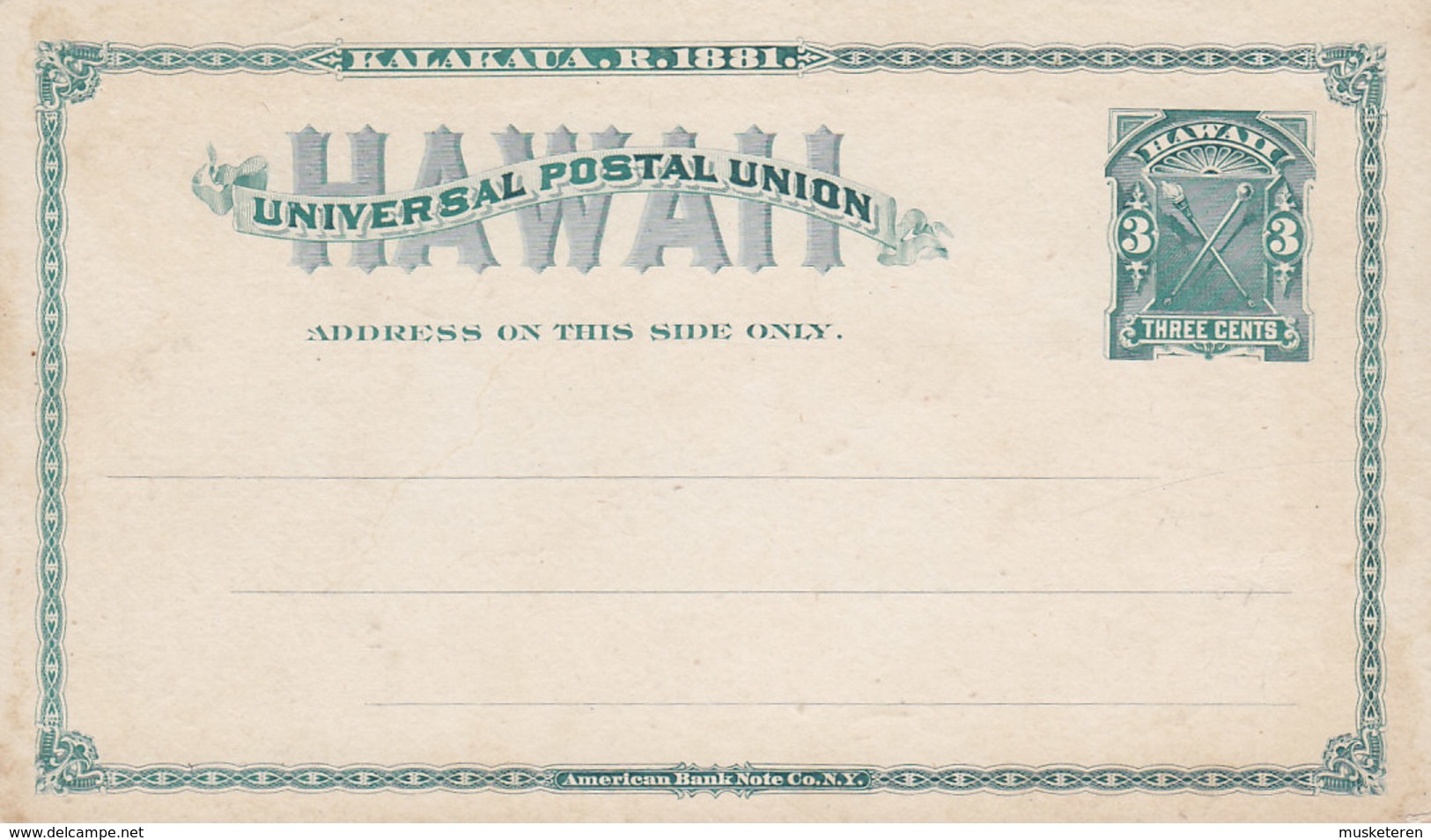 Hawaii UPU Universal Postal Union Postal Stationery Ganzsache Entier 1881 3 Cents Unused (2 Scans) - Hawaï