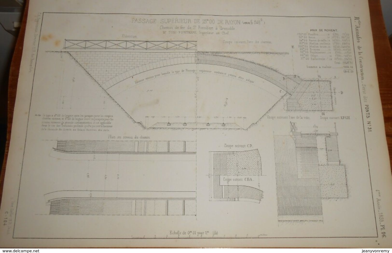 Plan D'un Passage Supérieur De 15 M De Rayon. Chemin De Fer De Saint Rambert à Grenoble. 1858 - Arbeitsbeschaffung