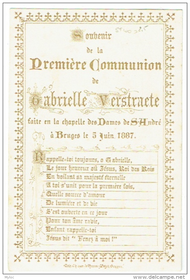 Image Religieuse. Souvenir De Communion. Gabrielle Verstraete. Bruges 1887. - Images Religieuses