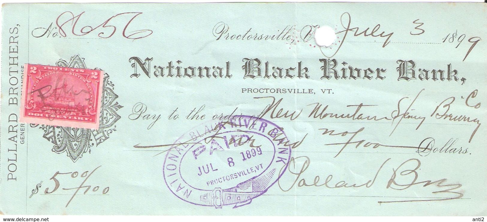 USA Check - National Black River Bank, No 8656 - 3.07.1899 - Assegni & Assegni Di Viaggio