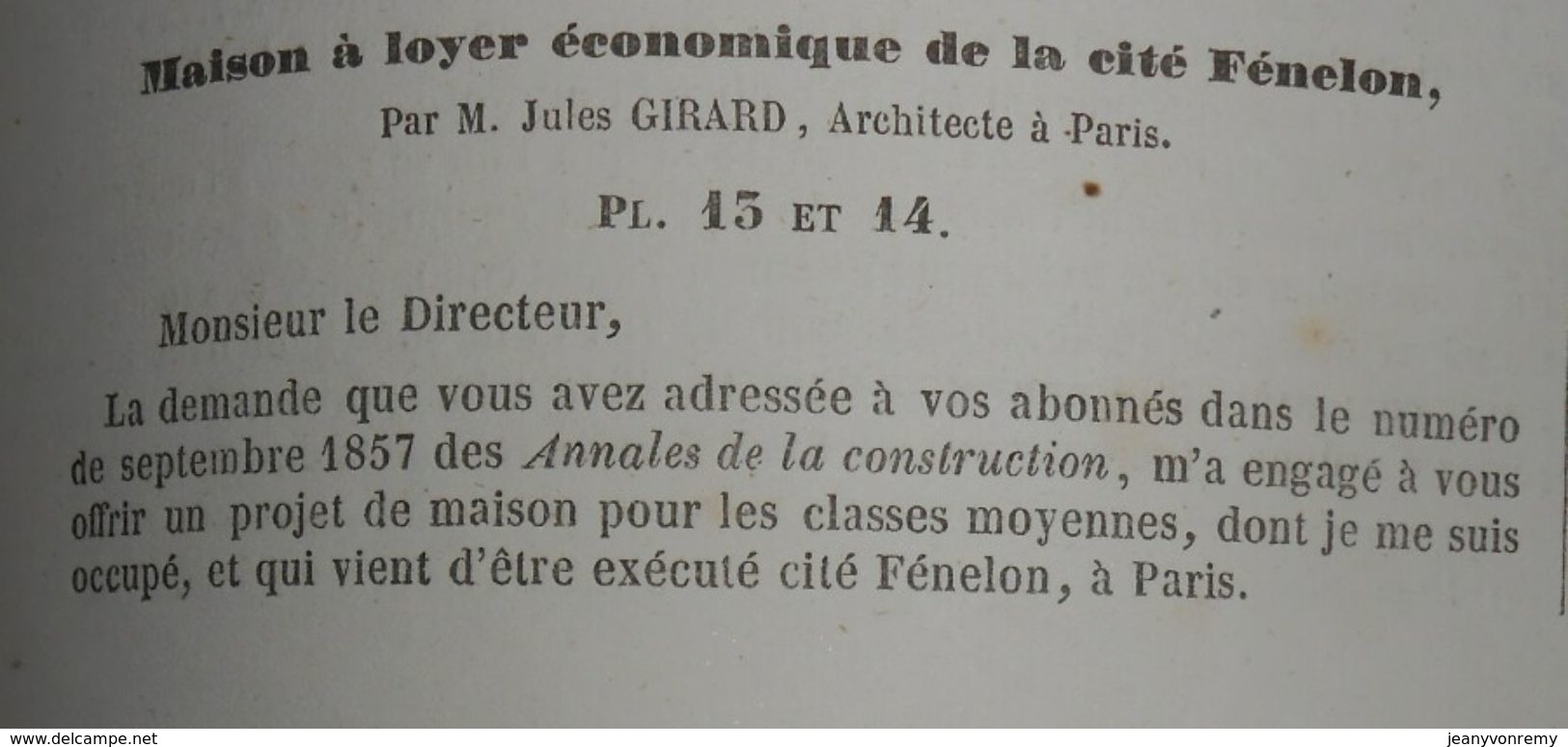 Plan D'une Maison à Loyer économique. Cité Fénelon à Paris 1858 - Obras Públicas