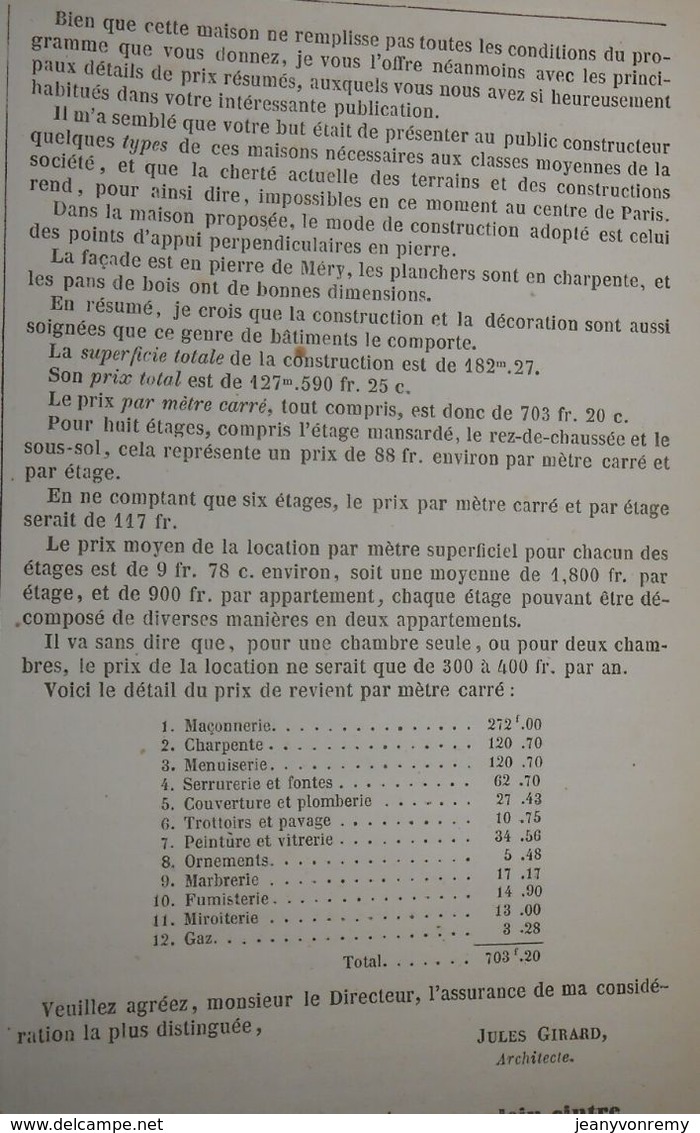 Plan D'une Maison à Loyer économique. Cité Fénelon à Paris 1858 - Obras Públicas