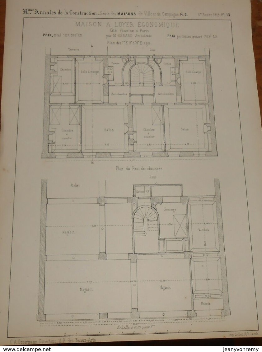 Plan D'une Maison à Loyer économique. Cité Fénelon à Paris 1858 - Public Works