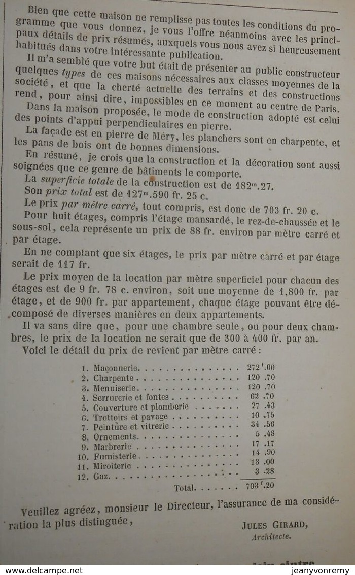 Plan D'une Maison à Loyer économique. Cité Fénelon à Paris 1858 - Travaux Publics