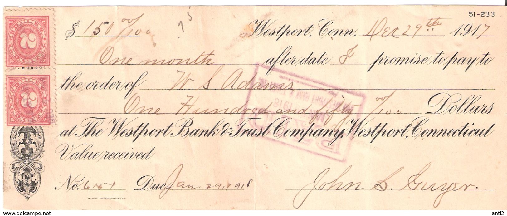 USA Check - The Wesport Bank & Trust Company Westport, Connecticut, No 6157 29.12.1917 - Cheques & Traverler's Cheques