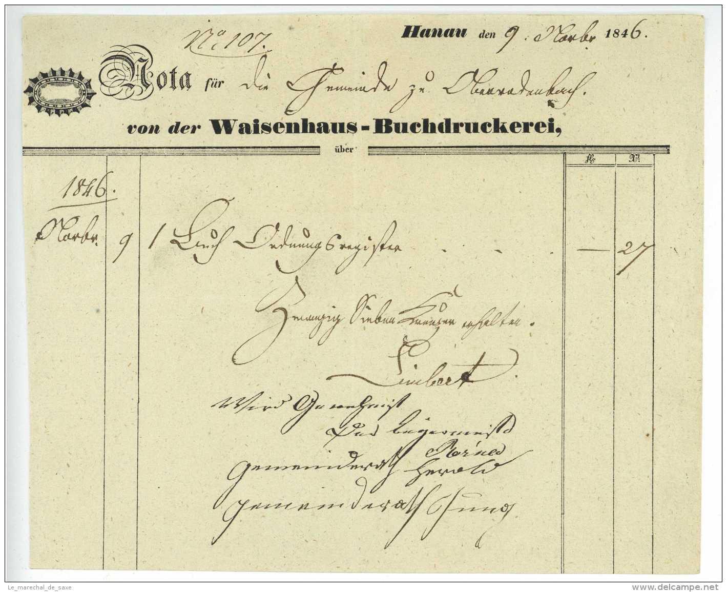 Kurfürstentum Hessen HANAU 1846 Waisenhaus-Buchdruckerei Rechnung Oberrodenbach - 1800 – 1899