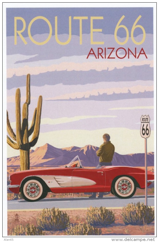 Route 66 Graphic Design, Man With Corvette Sports Car Auto, C2010s Vintage Postcard - Route ''66'