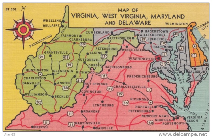 Map Of Virginia, West Virginia, Maryland And Delaware, Roads Highways, C1930s/40s Vintage Curteich Linen Postcard - Cartes Géographiques