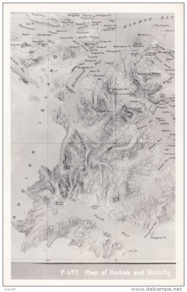 Map Of Kodiak Alaska Area, C1940s Vintage Real Photo Postcard - Maps