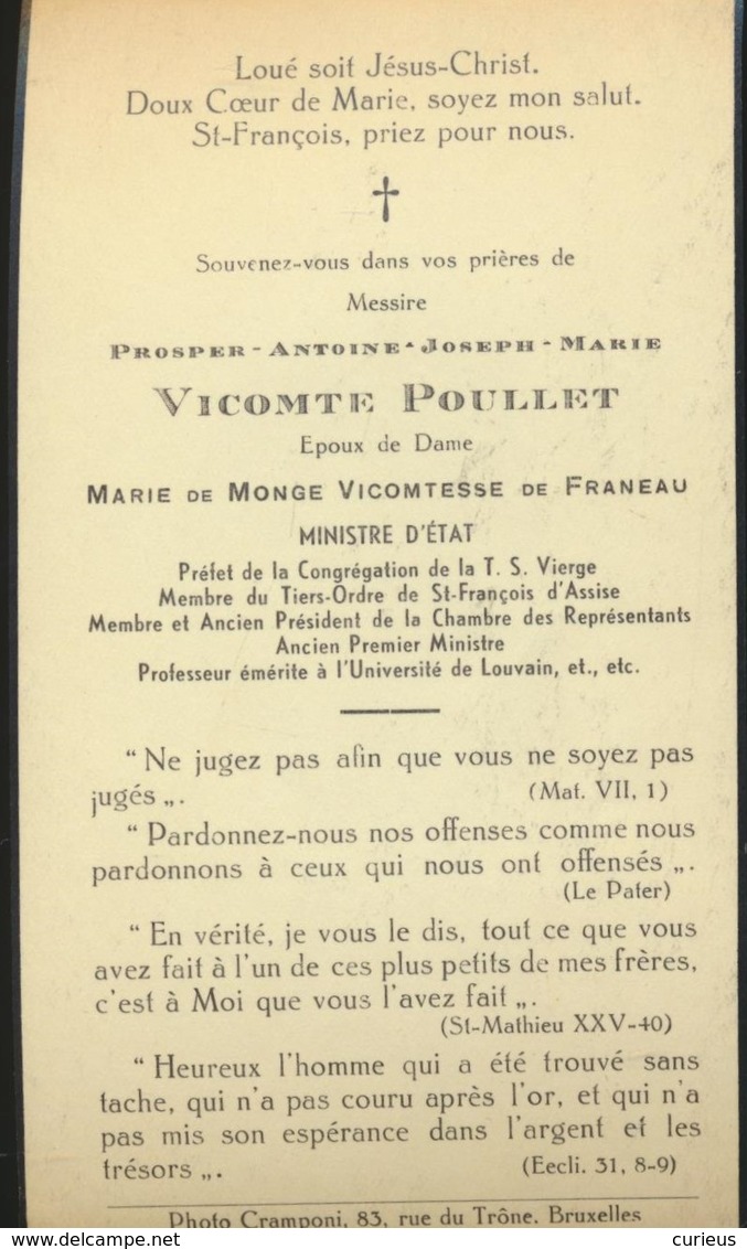 IMAGE MORTUAIRE *DOODSPRENTJE * ADEL *  NOBLESSE * VICOMTE POULLET * MINISTRE D'ETAT * 1868-1937 * PHOTO - Obituary Notices