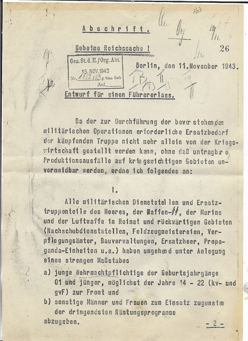 Abschrift/Geheime Reichssache! Entwurf Für Den Führererlass! - Briefe U. Dokumente