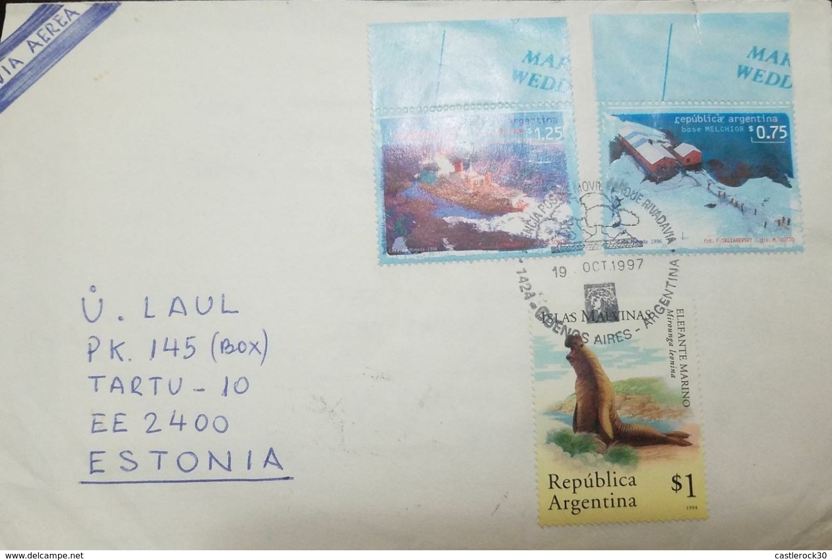 L) 1997 ARGENTINA, ANTARCTIC, BOAT, BASE MELCHIOR, ELEPHANT SEAL, ANIMALS, HOUSE, CIRCULATED COVER FROM ARGENTINA TO - Airmail