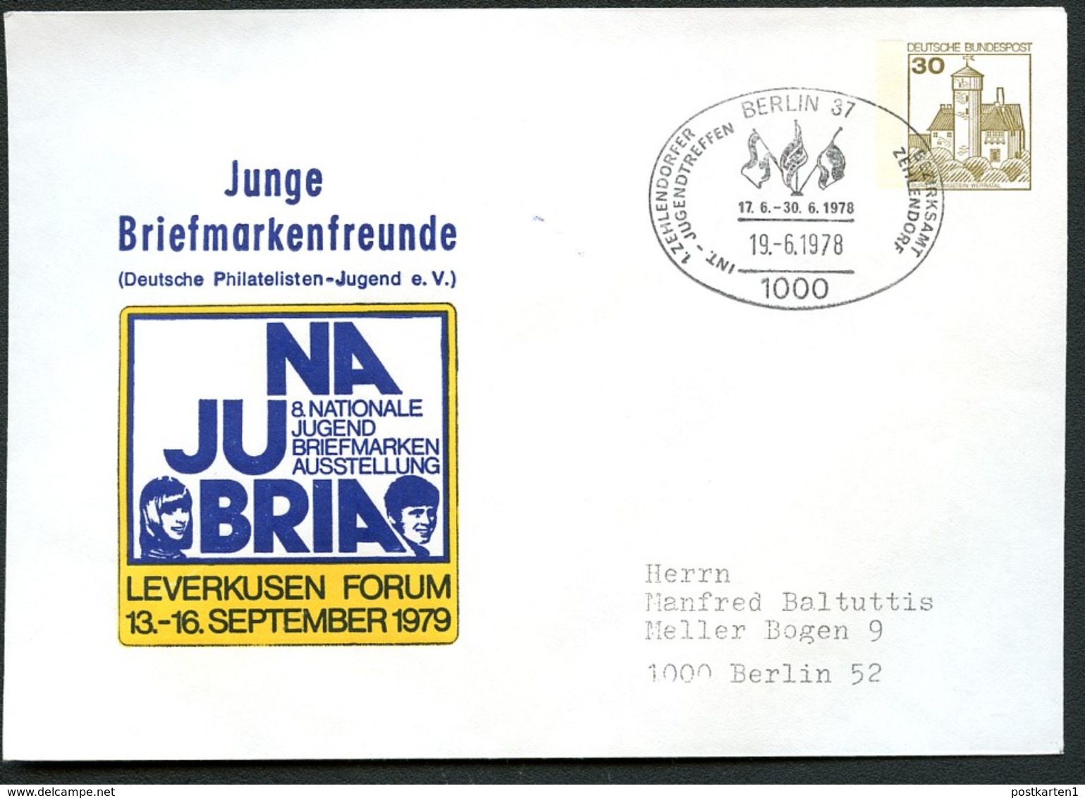 Bund PU108 D2/013 Privat-Umschlag NAJUBRIA LEVERKUSEN Sost. Berlin Jugendtreffen 1978 - Enveloppes Privées - Oblitérées