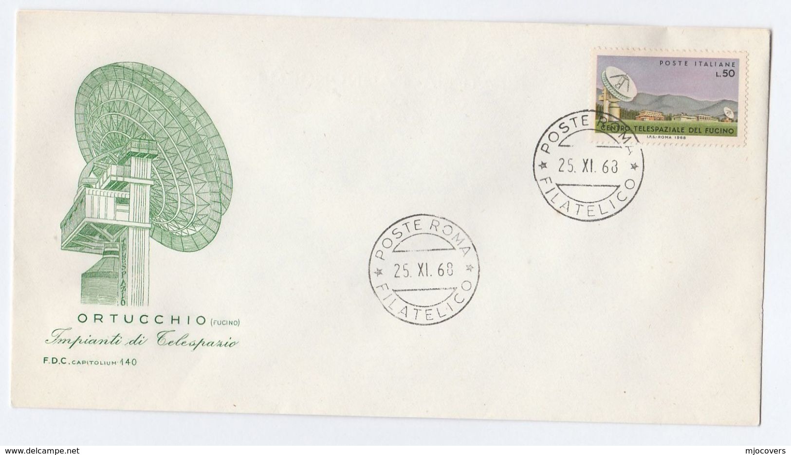 1968  ITALY FDC ORTUCCHIO RADIO TELECOM DISH  Stamps Cover By Capitolium, Space Broadcasting - Telecom