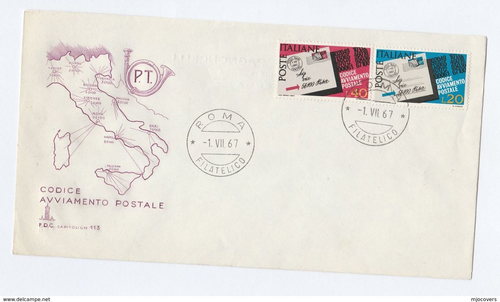 1967  ITALY FDC POST CODE STAMP ON STAMPS  Cover By Capitolium Map - Stamps On Stamps