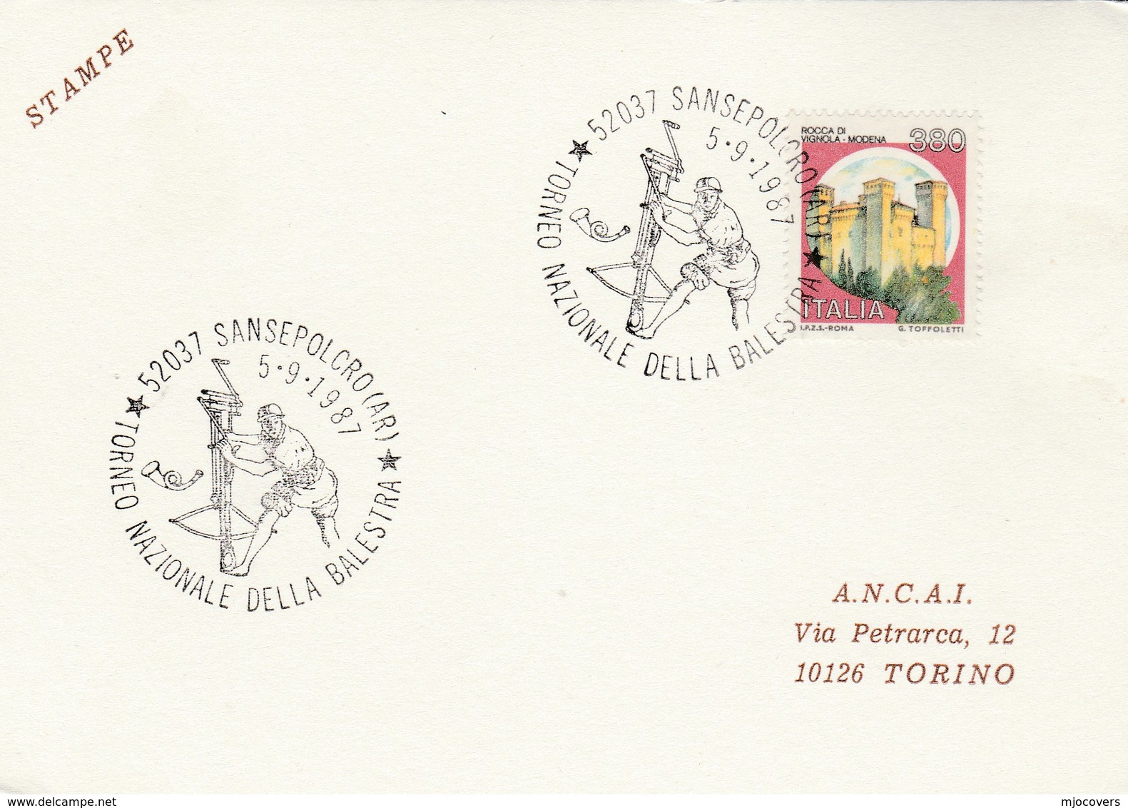 1987 ITALY EVENT COVER  CROSSBOW ARCHERY TOURNAMENT Card Stamps Sport - Archery