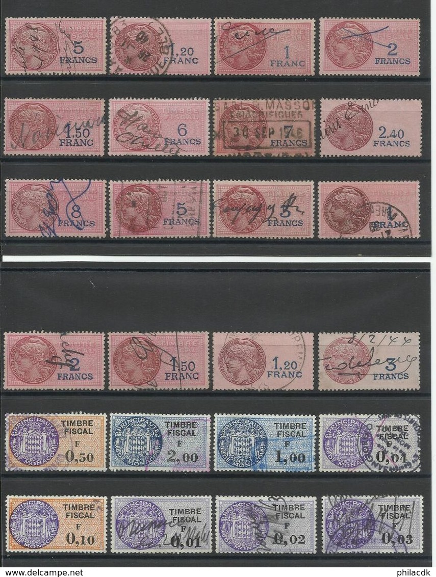 FRANCE/MONACO - BELLE COLLECTION DE TIMBRES FISCAUX/DIMENSION/QUITTANCES AVEC PAIRES/BANDE DE 5 - VOIR SCANNS