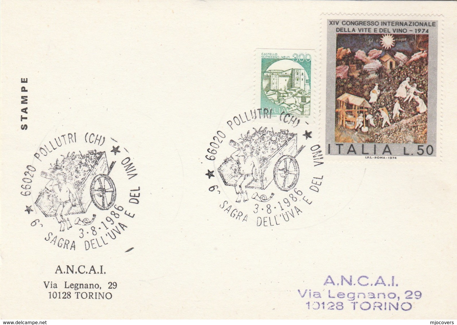 1986 ITALY Pollutri WINE EVENT COVER Card Stamps Grapes Alcohol Drink - Wines & Alcohols