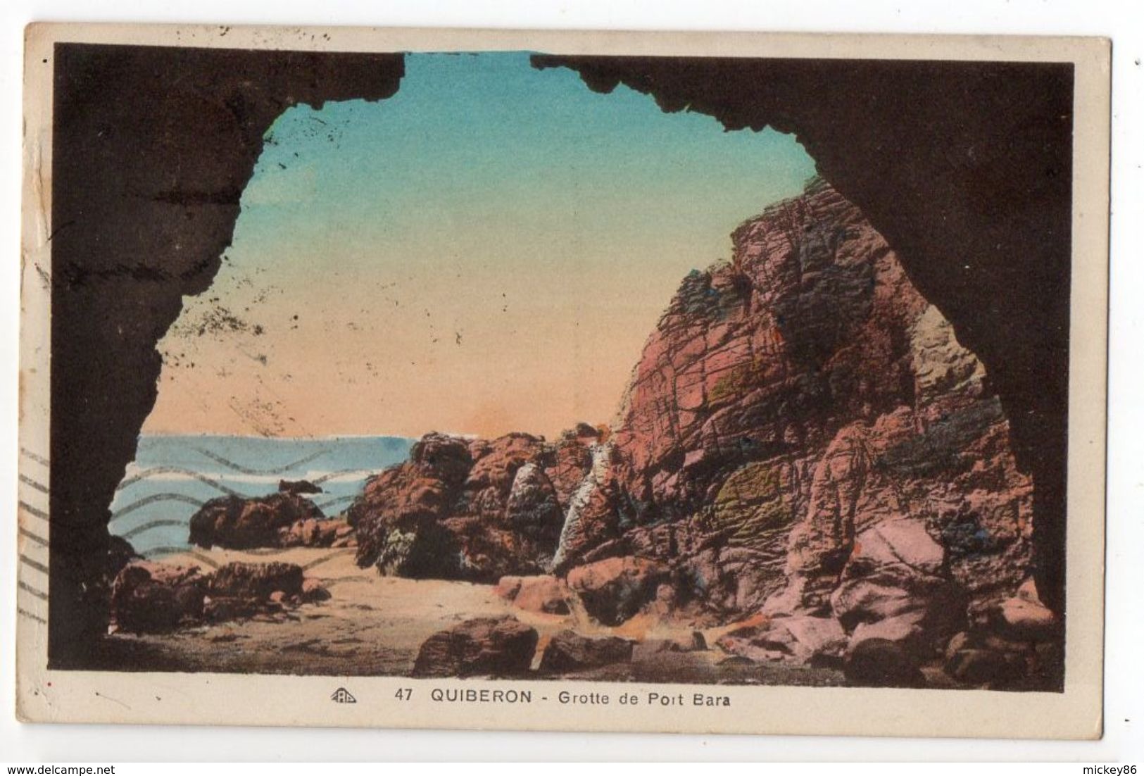 1936--cachet "Quiberon à Auray" -- Type  Semeuse Sur CPA Quiberon-Grotte De Port Bara - Poste Ferroviaire