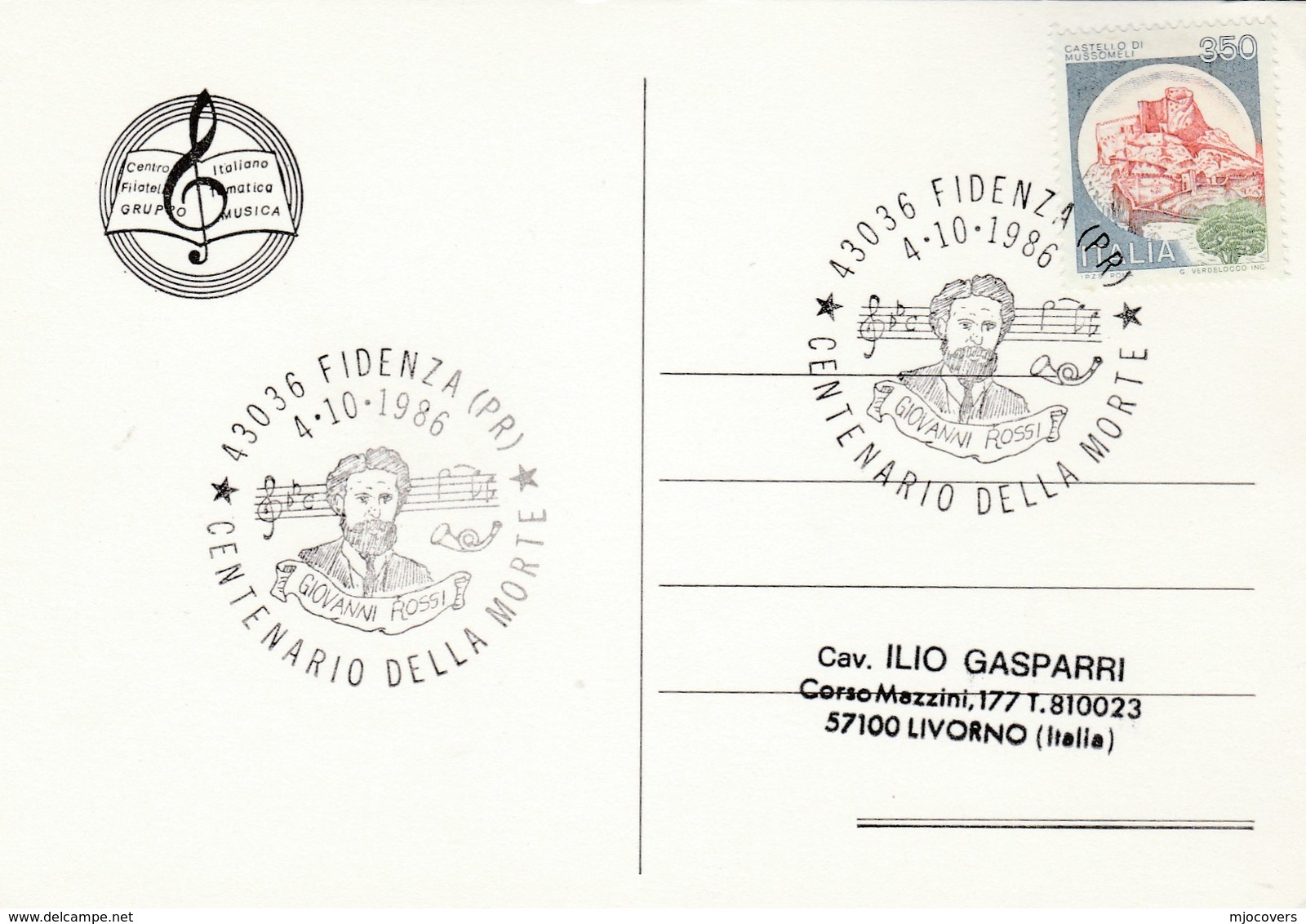 1986 Giovanni ROSSI Music EVENT COVER Fidenza Card Italy Stamps Slogan - 1981-90: Marcophilia