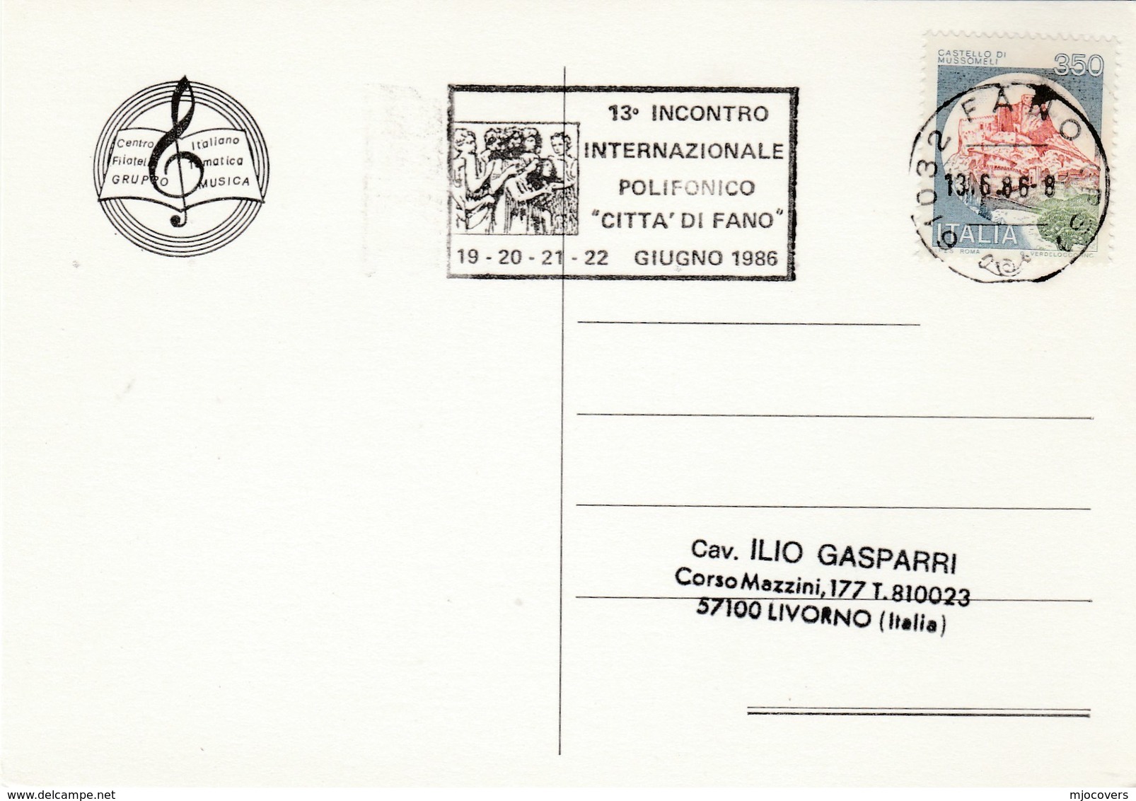 1986 Cover POLYPHONIC Choral MUSIC 'CITTA DI FANO'  EVENT  Card Italy Stamps Slogan - Música