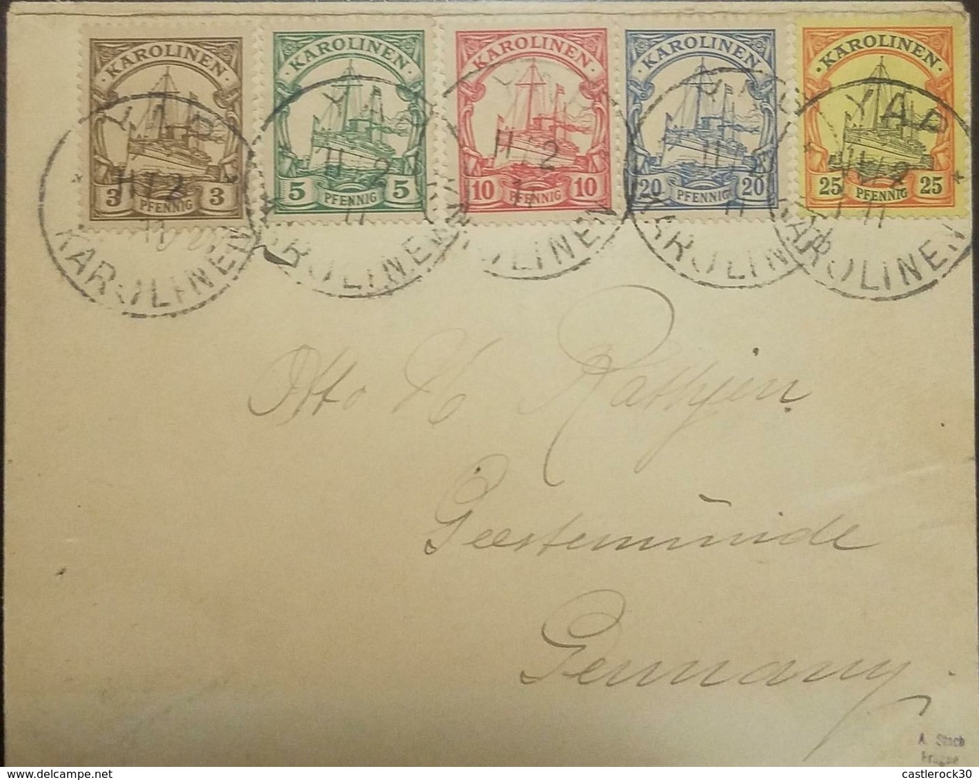 O) 1902 GERMANY COLONY-CAROLINE ISLANDS, KAISEYACHT - HOHENZOLLERN, WAR VESSEL OF THE IMPERIAL NAVY 1880, XF - Caroline Islands