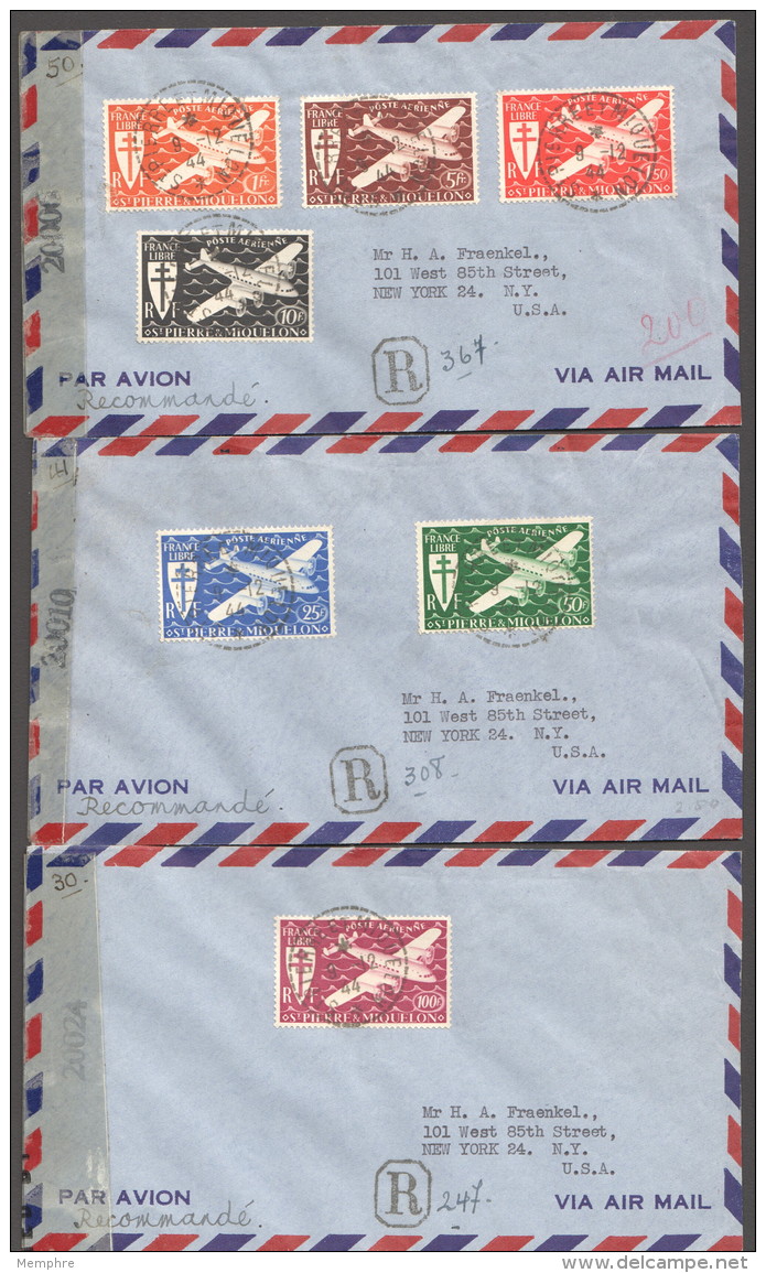 1944  Série PA France Libre Sur 3 Enveloppes Recommandées Et Censurées Pour Les USA - Storia Postale