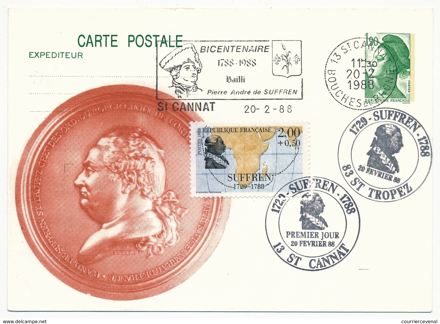 Entier Repiqué - 1,90 Liberté + Timbre Suffren - OMEC Et Cachet 1er Jour - St Cannat Et St Tropez 20/2/1988 - Overprinter Postcards (before 1995)