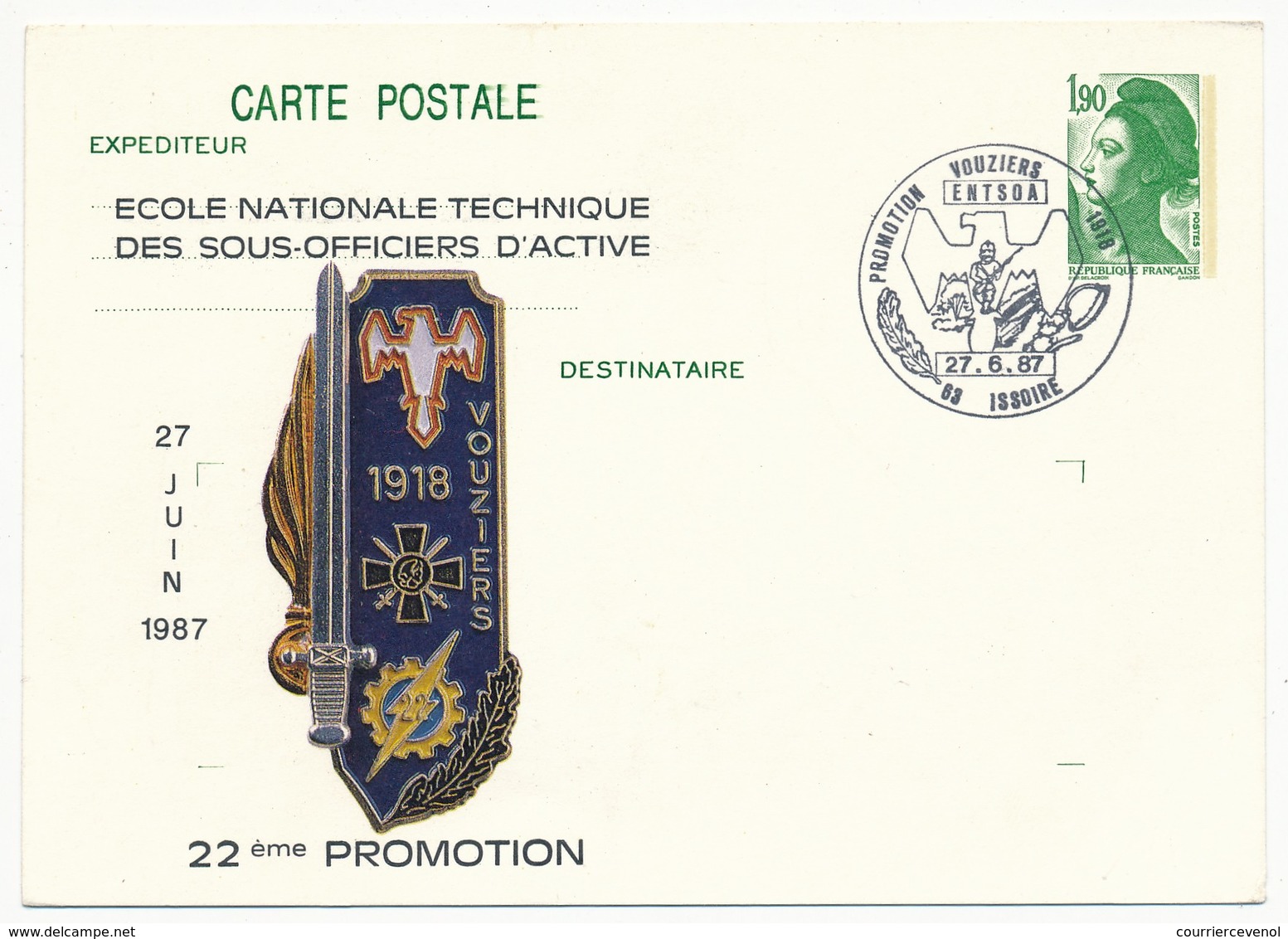 Entier Repiqué - 1,90 Liberté - Ecole Nationale Technique Des Sous-Officiers D'Active - ISSOIRE - 1987 - Postales  Transplantadas (antes 1995)