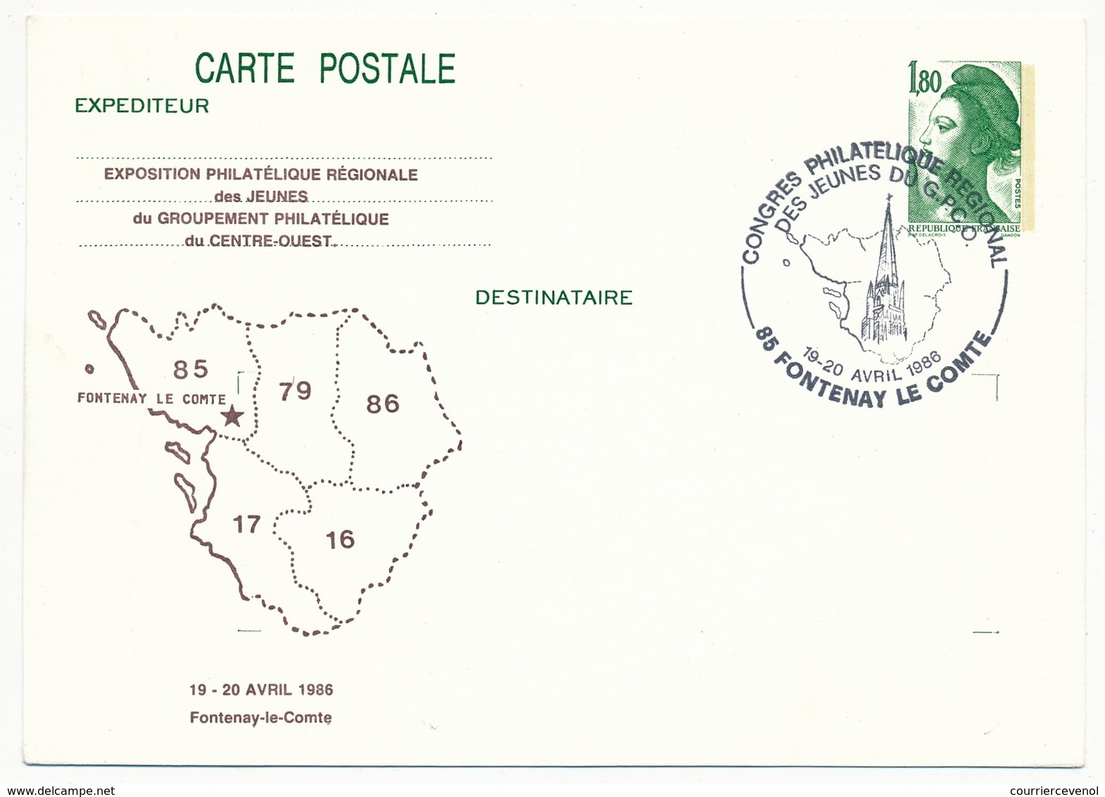 Entier Repiqué - 1,80 Liberté - Exposition Philatélique Des Jeunes - Fontenay Le Comte - 1986 - Postales  Transplantadas (antes 1995)