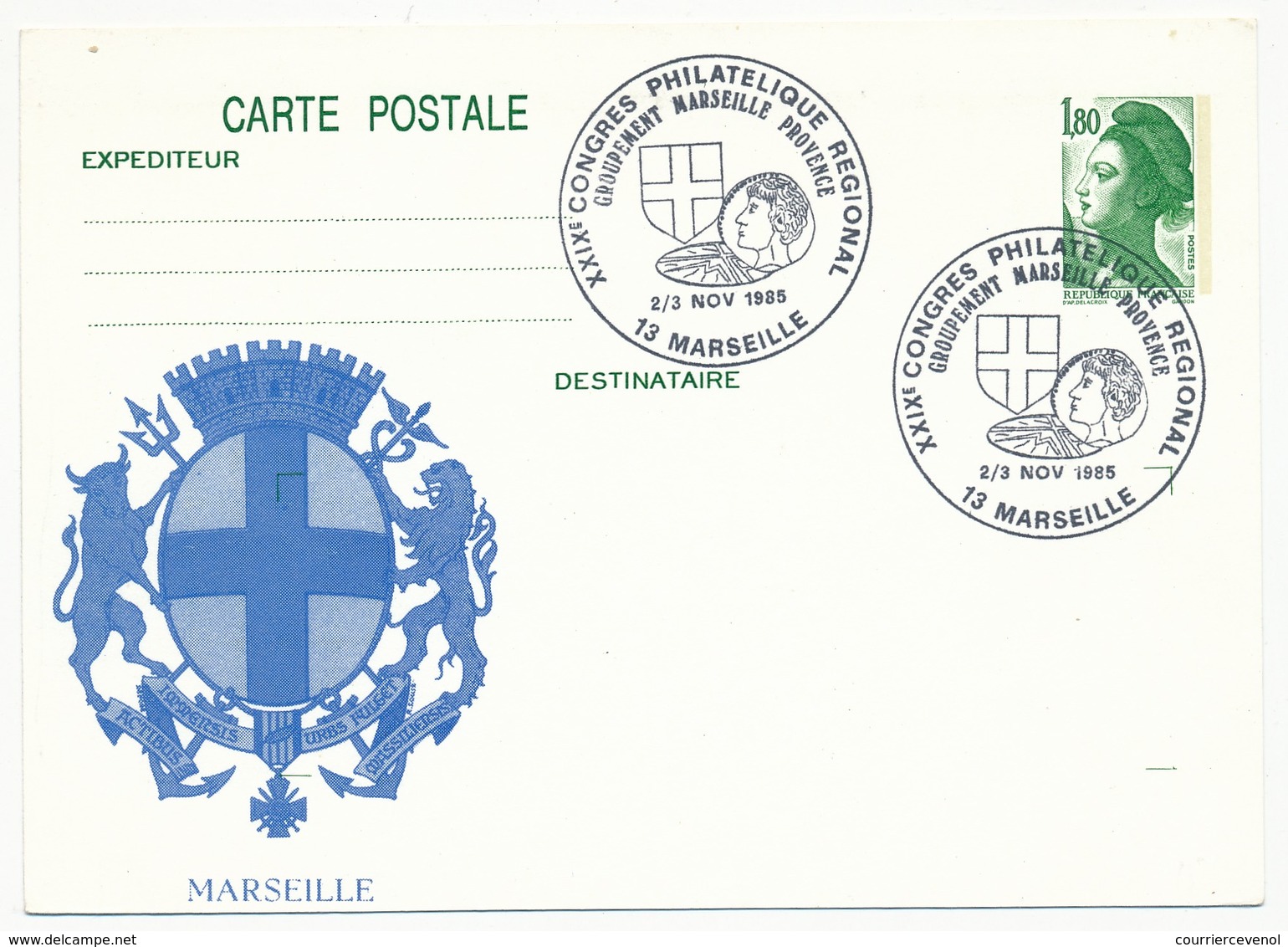 Entier Repiqué - 1,80 Liberté - Congrès Philatélique Groupement Marseille Provence - Novembre 1985 MARSEILLE - Overprinter Postcards (before 1995)