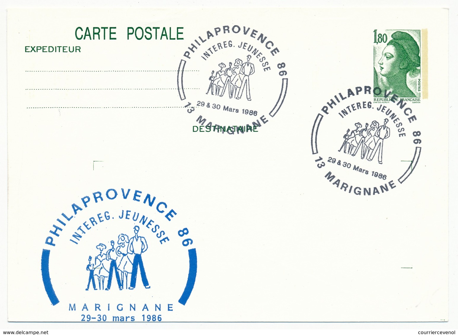 Entier Repiqué - 1,80 Liberté - Philaprovence - Interrég. Jeunesse - MARIGNANE 1986 - Overprinter Postcards (before 1995)