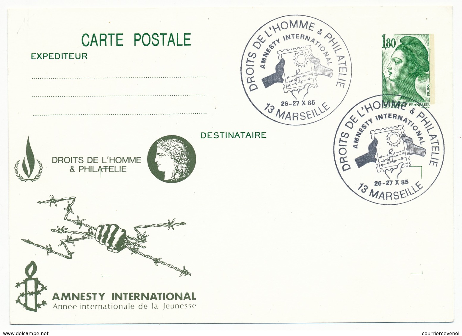 Entier Repiqué - 1,80 Liberté - Droits De L'Homme Et Philatélie - Amnesty International - Marseille 1985 - Overprinter Postcards (before 1995)