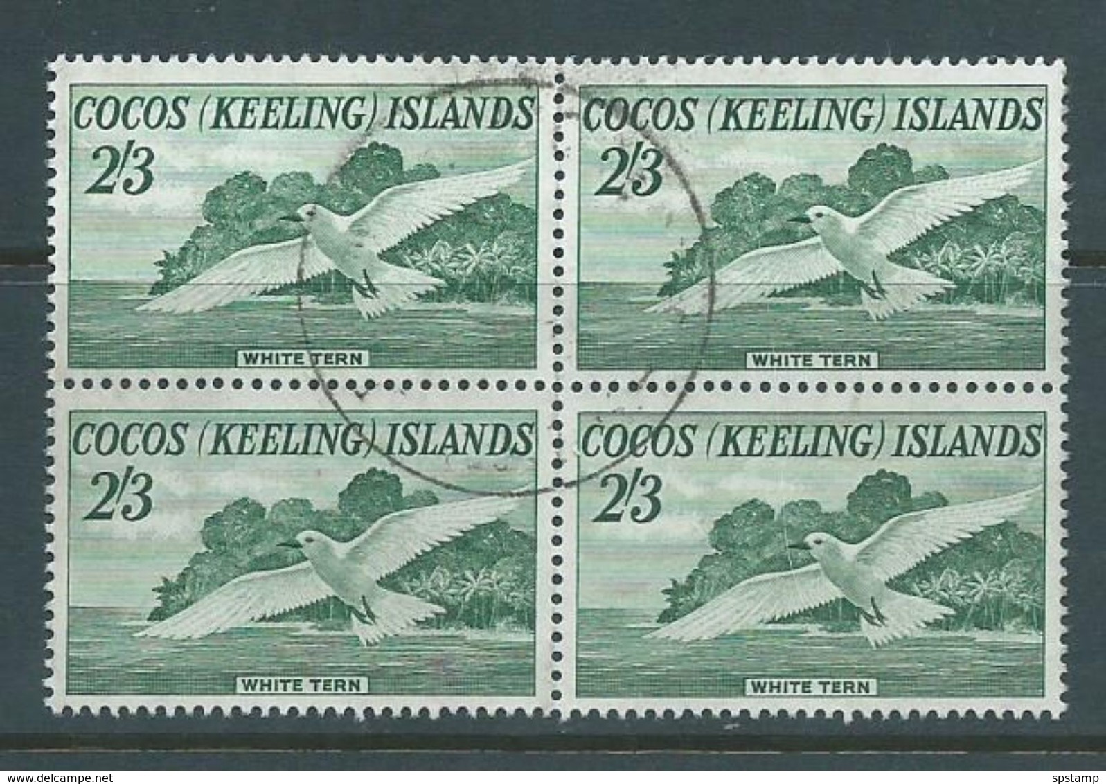 Cocos Keeling Island 1963 2/3 Tern Bird Definitive Block Of 4 Commercially FU , 1 Unit With Small Red Wine? Stain - Cocos (Keeling) Islands