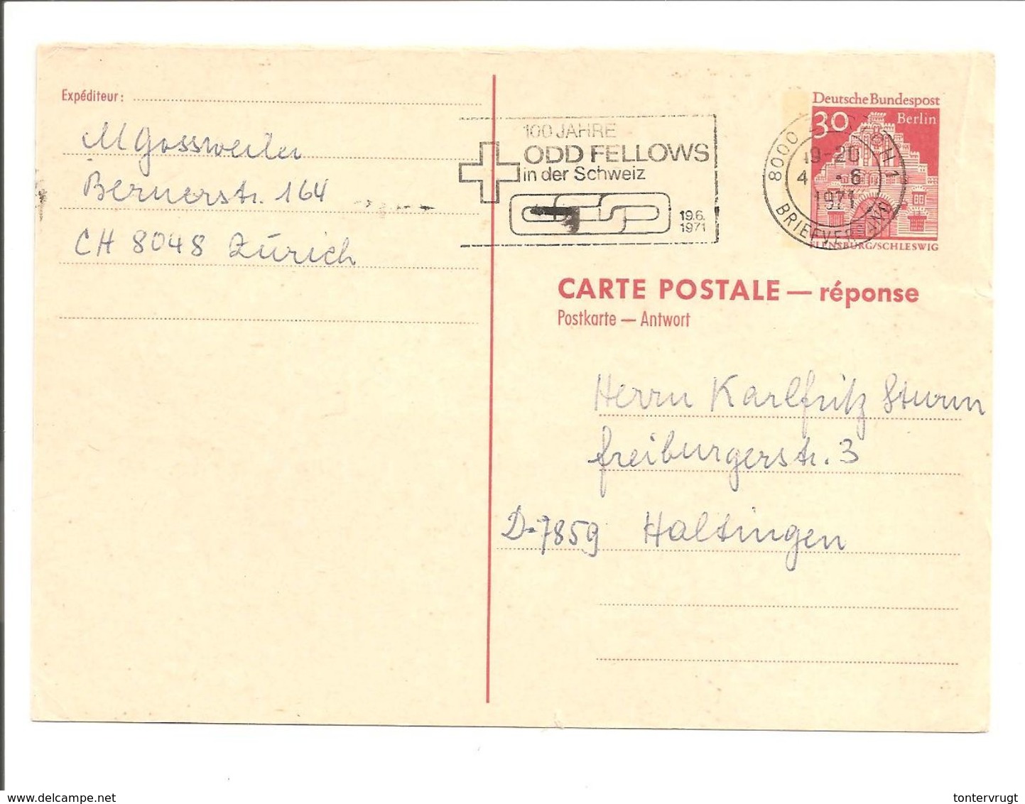 Berlin.P75 Antwortteil. Zürich>Haltingen - Postcards - Used