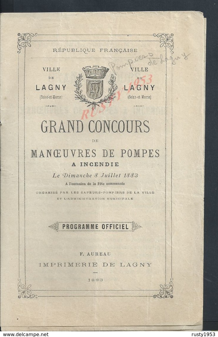 PROGRAMME VILLE DE LAGNY DE 1883 MANOEUVRES DE POMPE A INCENDIE POMPIERS VILLAGE ANNET TORCY MONTYON VILLENOY MEAUX : - Programmi