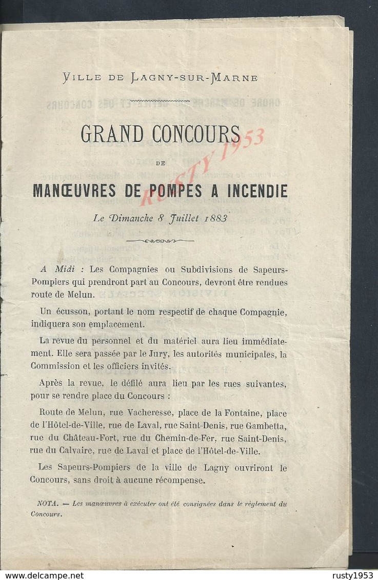 PROGRAMME VILLE DE LAGNY DE 1883 MANOEUVRES DE POMPE A INCENDIE POMPIERS VILLAGE ANNET TORCY MONTYON VILLENOY MEAUX : - Programmi