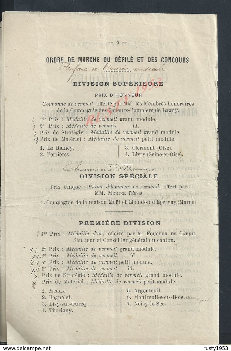 PROGRAMME VILLE DE LAGNY DE 1883 MANOEUVRES DE POMPE A INCENDIE POMPIERS VILLAGE ANNET TORCY MONTYON VILLENOY MEAUX : - Programmi