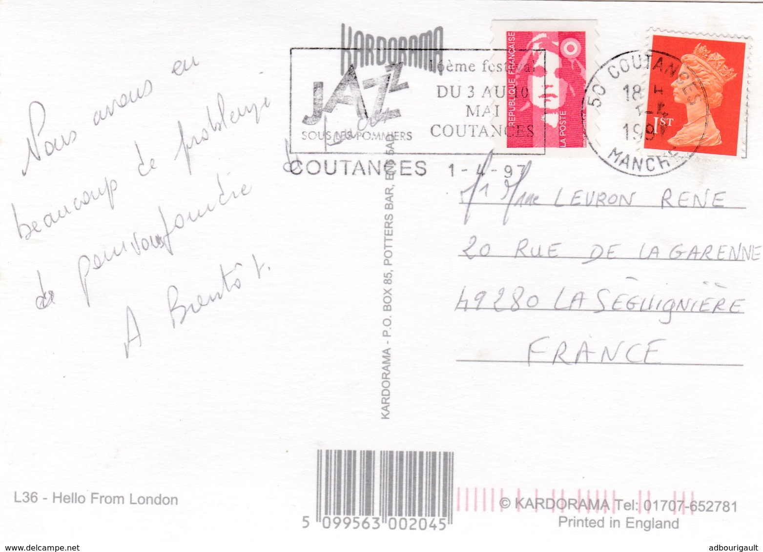 Carte Postale Angleterre Londres Oblitere En France Avec Un Timbre Anglais Et Francais - Lettres & Documents