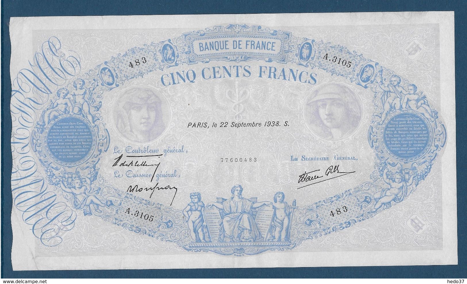 France 500 Francs Bleu Et Rose - 22-9-1938 - Fayette N°31-20 - TTB - 500 F 1888-1940 ''Bleu Et Rose''