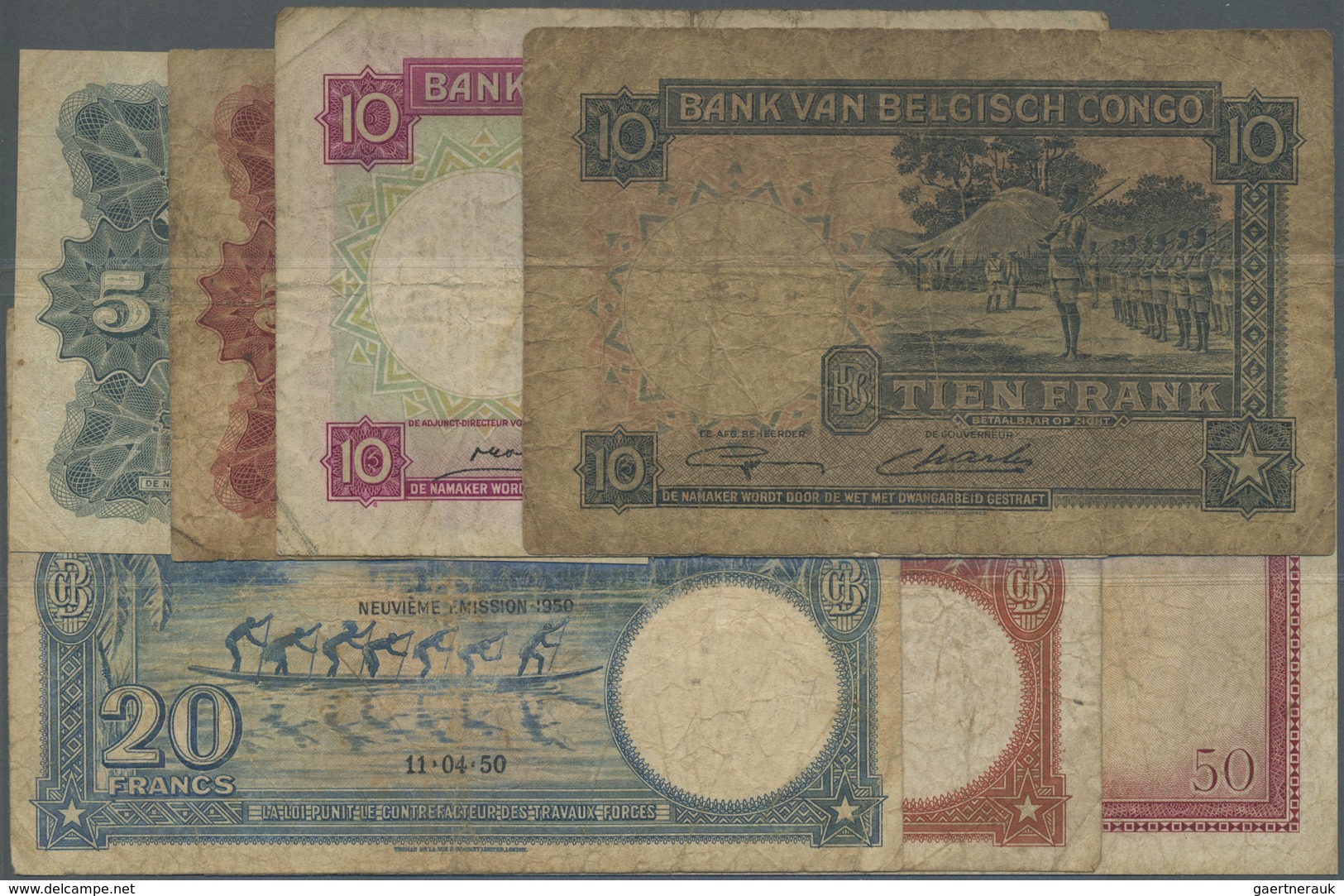Belgian Congo / Belgisch Kongo: Interesting Lot Of 7 Pieces Containing 5 Francs 1949 (F, Cut Border) - Ohne Zuordnung