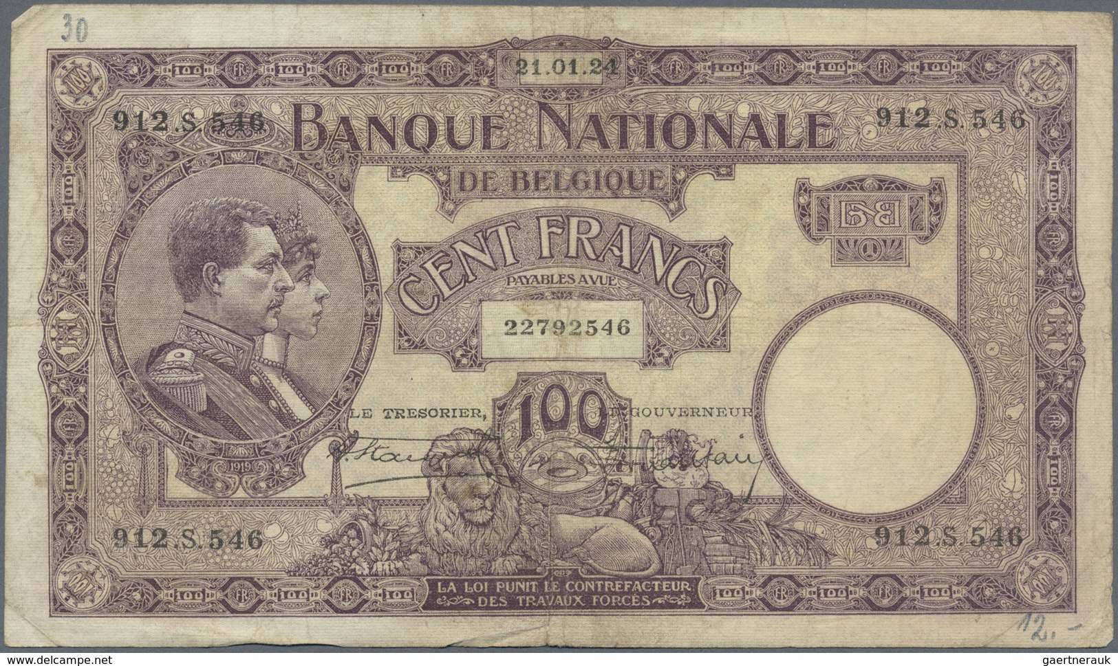 Belgium / Belgien: set with 4 Banknotes 100 Francs 1924 and 1927, P.95 in almost well worn condition