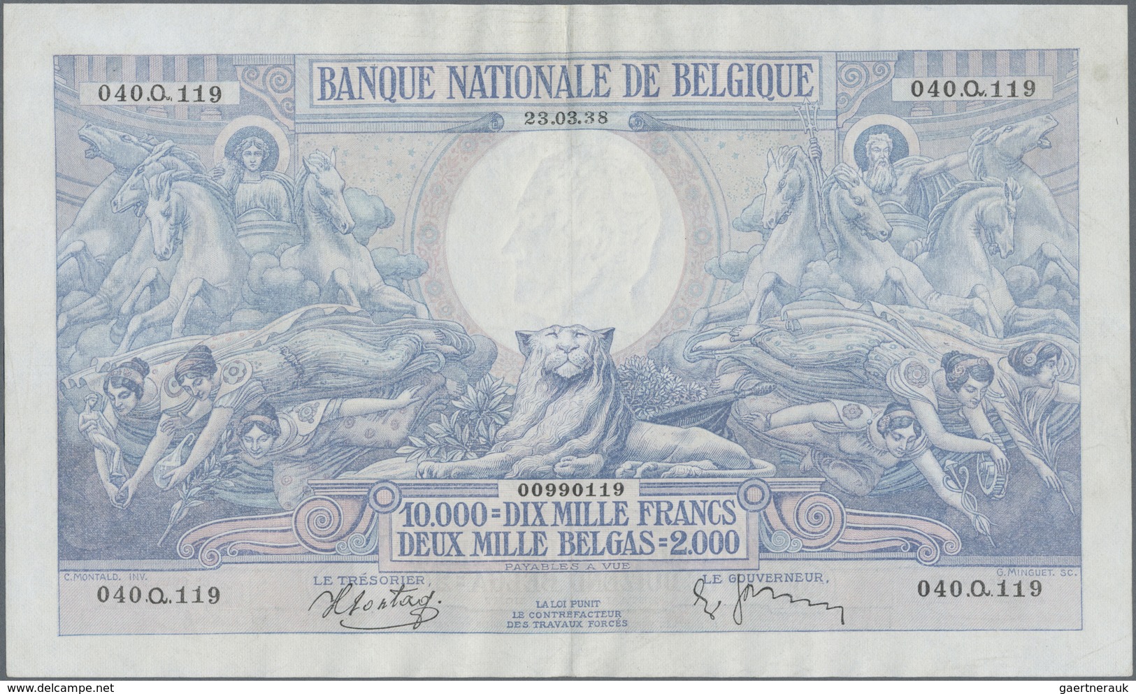 Belgium / Belgien: 10.000 Francs = 2000 Belgas 1938, P.105, Highest Denomination Of This Series And - [ 1] …-1830 : Before Independence