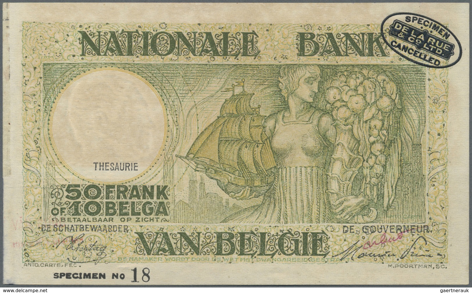 Belgium / Belgien: 50 Francs = 10 Belgas ND(1945) Specimen P. 106s, Light Handling And Stain In Pape - [ 1] …-1830 : Prima Dell'Indipendenza