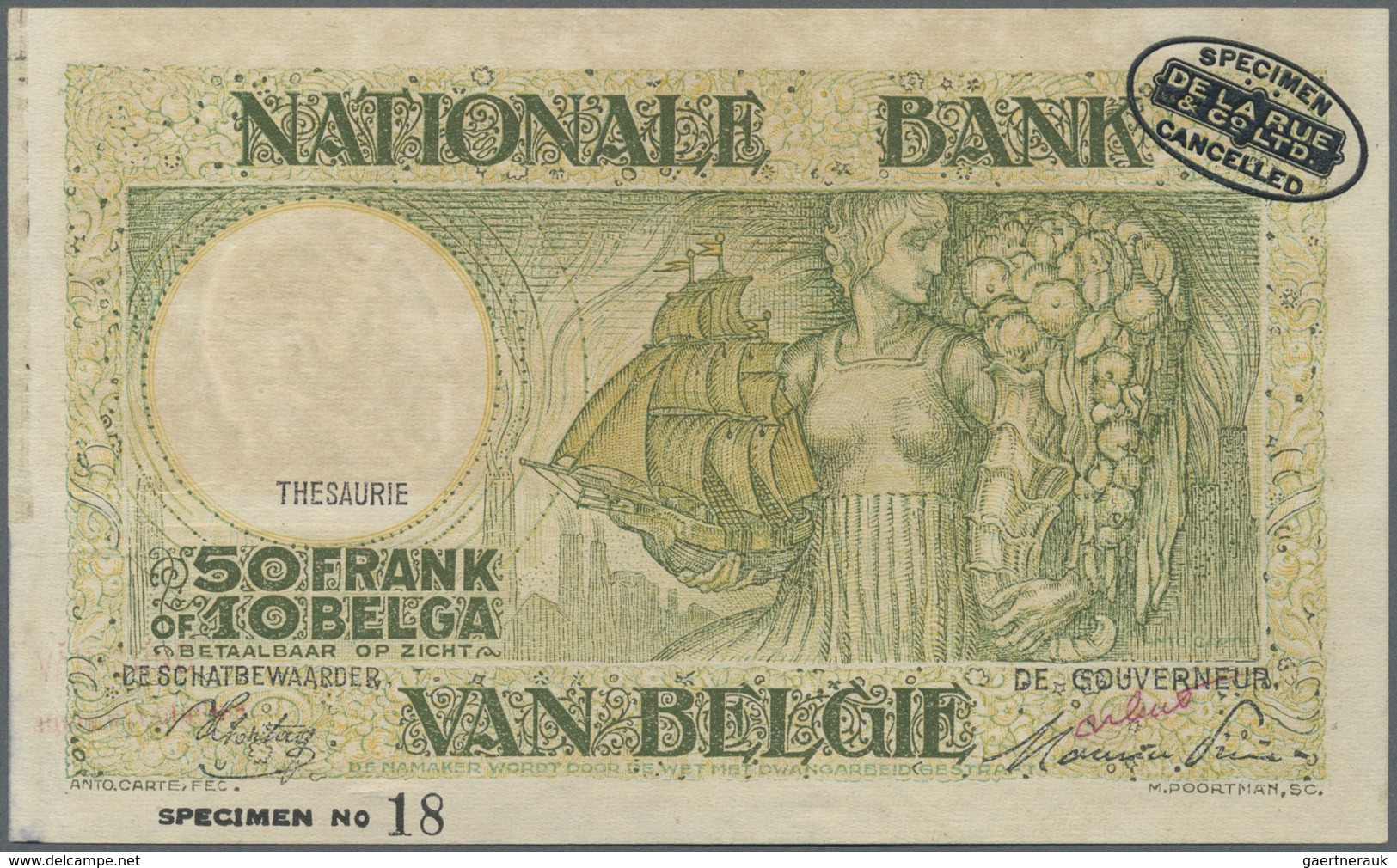 Belgium / Belgien: 50 Francs = 10 Belgas ND(1945) Specimen P. 106s, Light Handling And Stain In Pape - [ 1] …-1830 : Voor Onafhankelijkheid