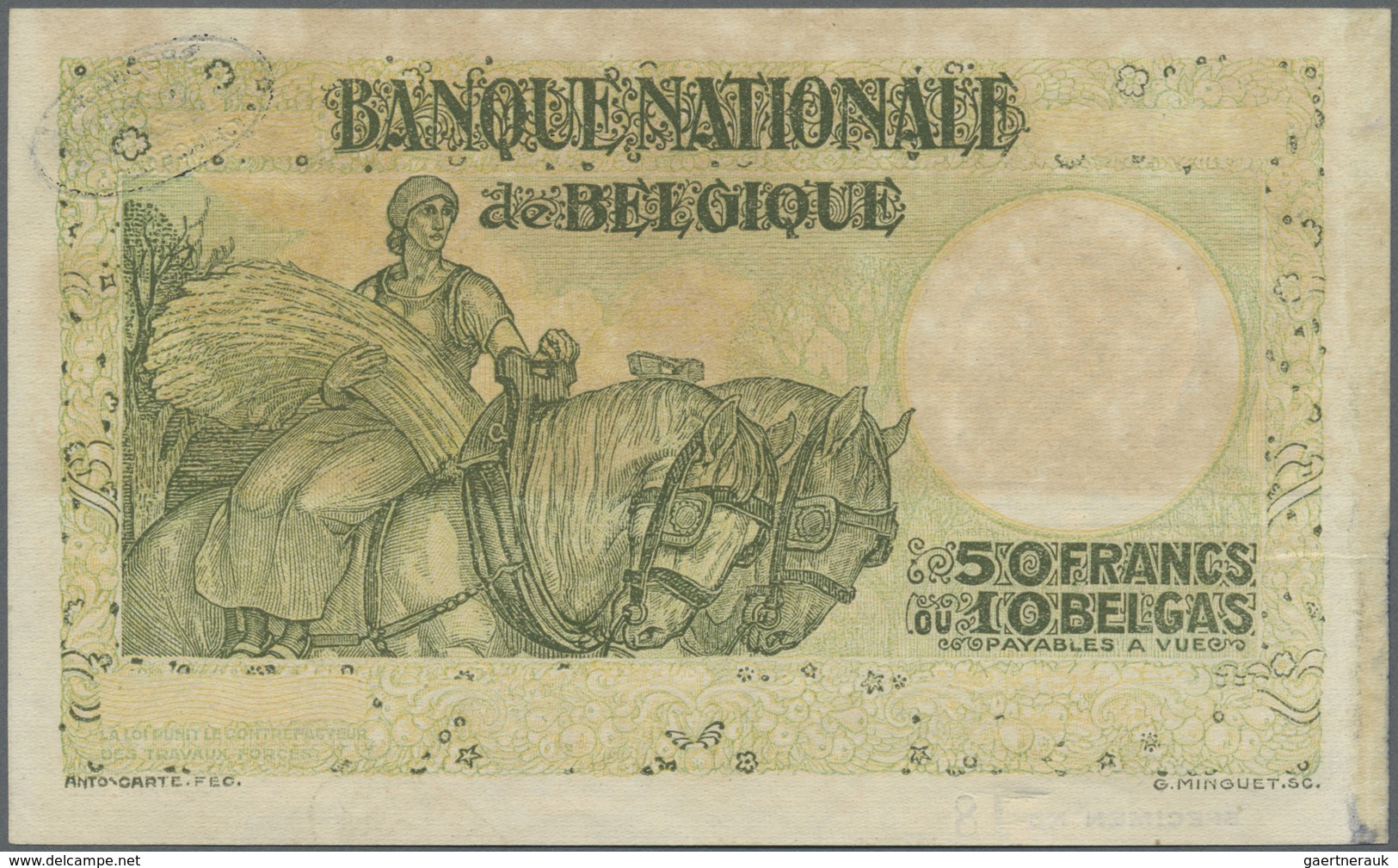 Belgium / Belgien: 50 Francs = 10 Belgas ND(1945) Specimen P. 106s, Light Handling And Stain In Pape - [ 1] …-1830 : Prima Dell'Indipendenza