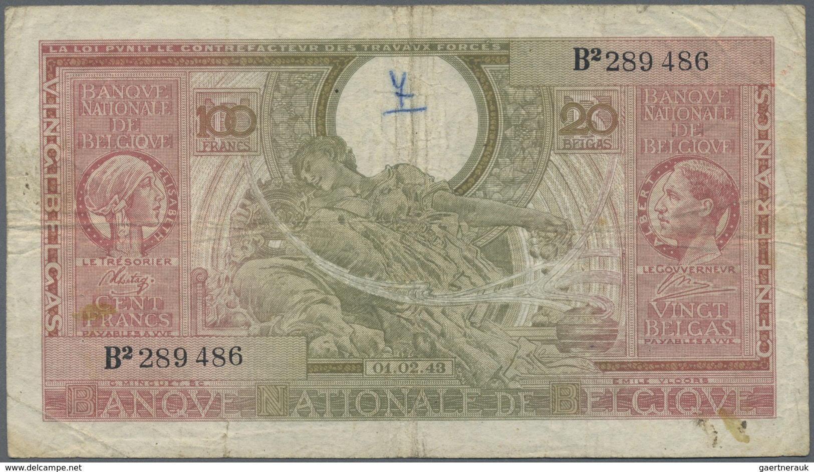 Belgium / Belgien: 100 Francs = 20 Belgas 1943, P.123, Small Graffiti At Upper Center, Several Folds - [ 1] …-1830 : Avant Indépendance